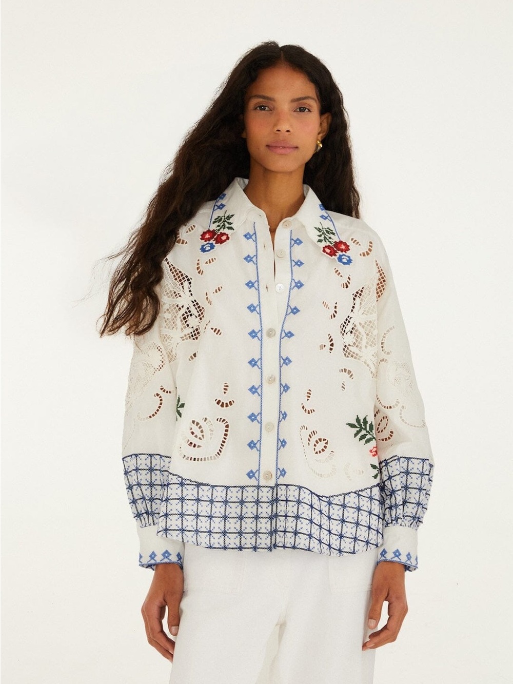 FARM RIO Off-White Flowers Embroidery Richelieu Shirt
